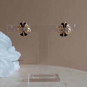 Vintage Classical Statement Black and Gold Clip-On Earrings with Rhinestones